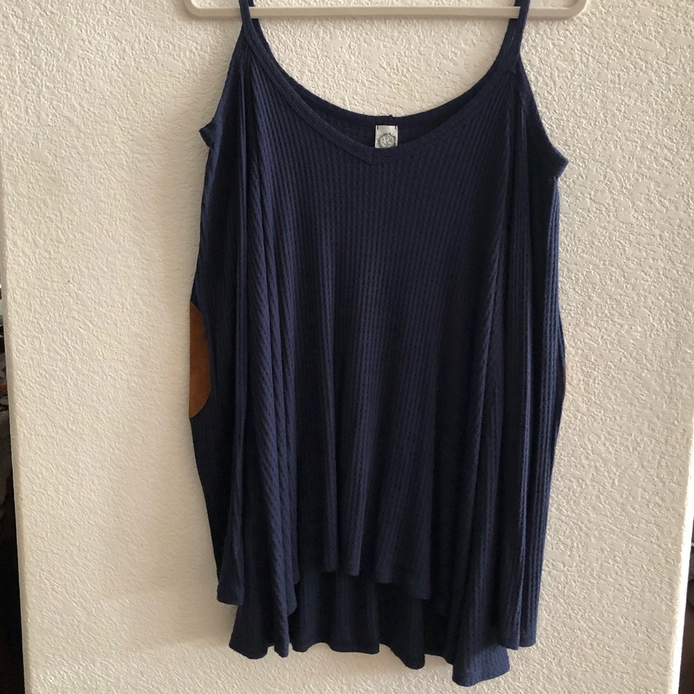 Sun and Moon off the shoulder long sleeve with elbow patches.